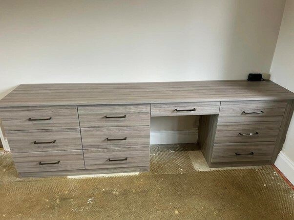 espoke fitted bedroom furniture in Southampton, large bespoke dressing table in driftwood with drawers and kneehole space