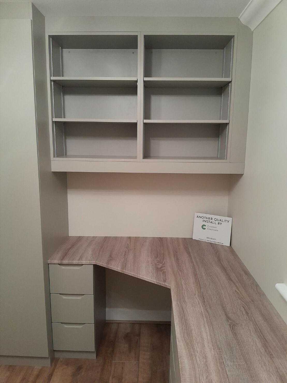 Oak and Matt Dakar finish bespoke office furniture with overhead shelves and drawers in Dorset